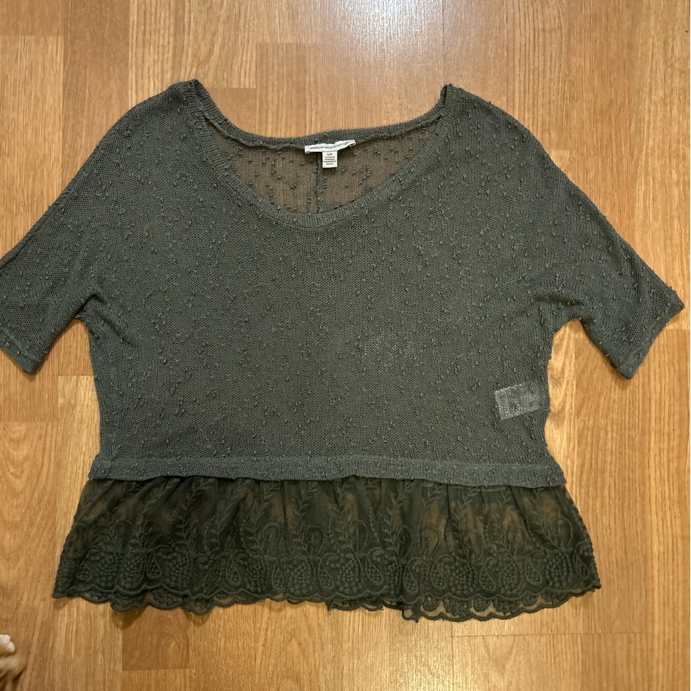 American Eagle Outfitters Charcoal Lace Trim Blouse